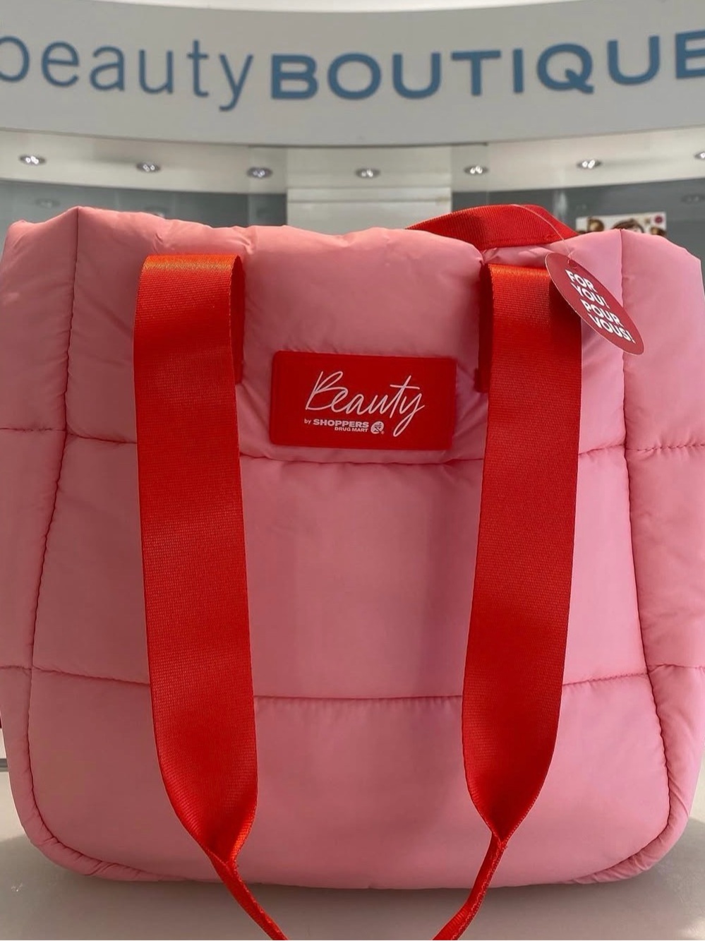 Shoppers Drug Mart Pink Puffer Tote with Red Straps Gym Bag